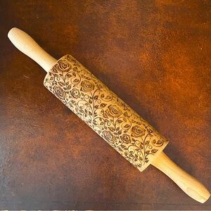 Embossed Carved Wooden Wild Rose Heirloom Rolling Pin